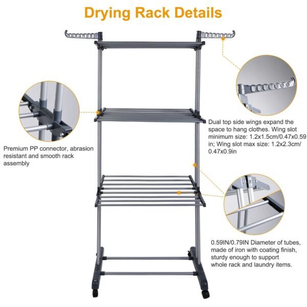 Clothes Drying Rack Rolling Collapsible Laundry Dryer Hanger Stand Rail Shelve Wardrobe Clothing Drying Racks - Image 2