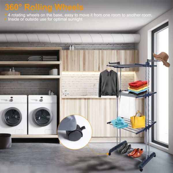 Clothes Drying Rack Rolling Collapsible Laundry Dryer Hanger Stand Rail Shelve Wardrobe Clothing Drying Racks - Image 3