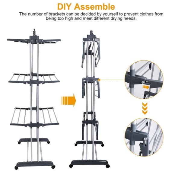 Clothes Drying Rack Rolling Collapsible Laundry Dryer Hanger Stand Rail Shelve Wardrobe Clothing Drying Racks - Image 4