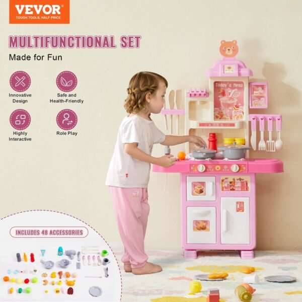 VEVOR Kitchen Playset Kids Pretend Cooking Play Toy 48 Piece Accessories Pink - Image 2