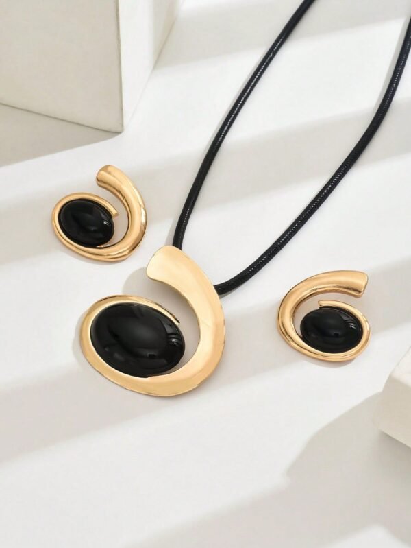 14K Gold Plated Black Onyx Swirl Choker Necklace and Earrings Set - Image 4