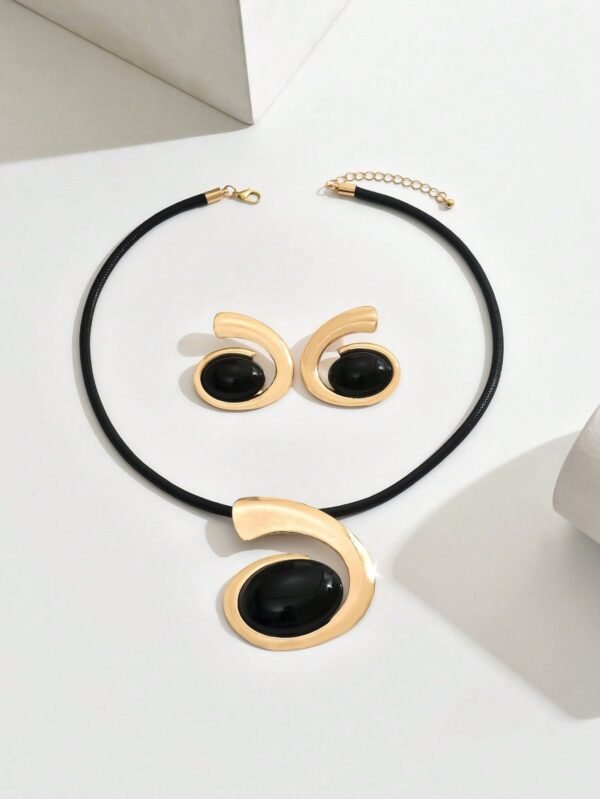 14K Gold Plated Black Onyx Swirl Choker Necklace and Earrings Set - Image 5