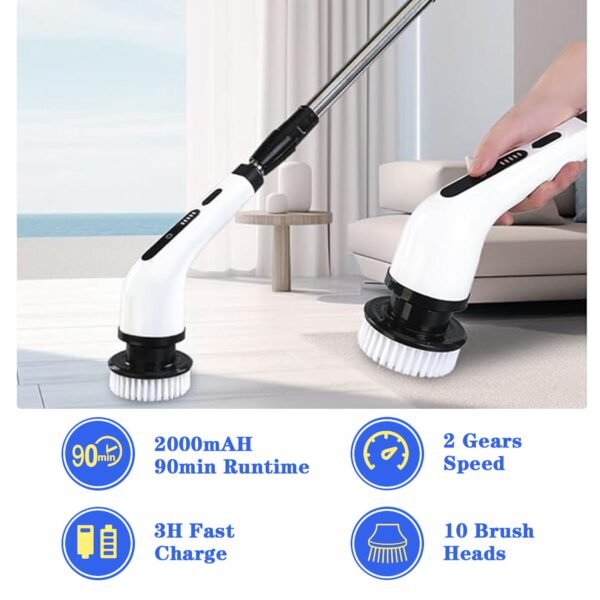 10 in 1 Electric Spin Scrubber, Cordless Scrubber with Adjustable Extension Arm, 2 Speed 10 Replaceable Cleaning Heads, LED display,for Cleaning Bathroom, Floor, Car - Image 2