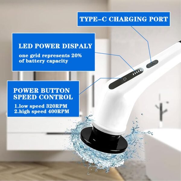 10 in 1 Electric Spin Scrubber, Cordless Scrubber with Adjustable Extension Arm, 2 Speed 10 Replaceable Cleaning Heads, LED display,for Cleaning Bathroom, Floor, Car - Image 3