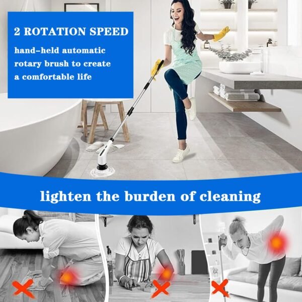 10 in 1 Electric Spin Scrubber, Cordless Scrubber with Adjustable Extension Arm, 2 Speed 10 Replaceable Cleaning Heads, LED display,for Cleaning Bathroom, Floor, Car - Image 4