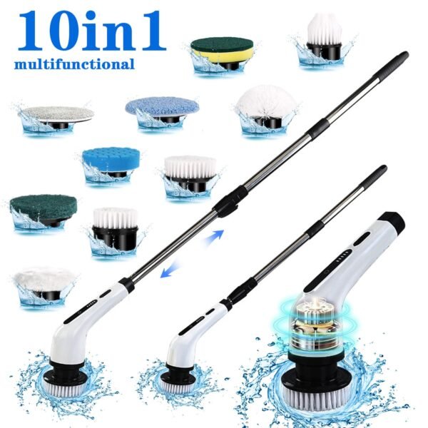 10 in 1 Electric Spin Scrubber, Cordless Scrubber with Adjustable Extension Arm, 2 Speed 10 Replaceable Cleaning Heads, LED display,for Cleaning Bathroom, Floor, Car