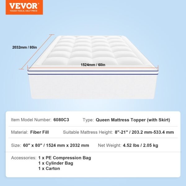 VEVOR Mattress Topper Fiber Fill Detachable & Washable Queen Size 1 in Thickness - Image 7