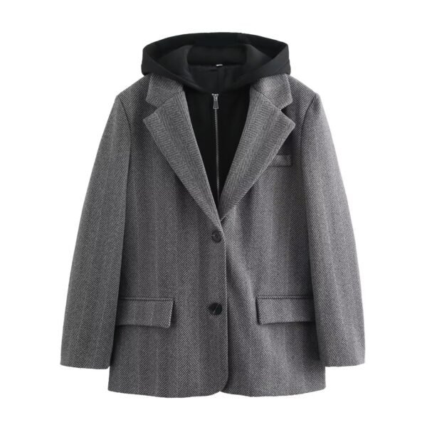 Hooded Patchwork Herringbone Women's Suit Jacket - Image 5