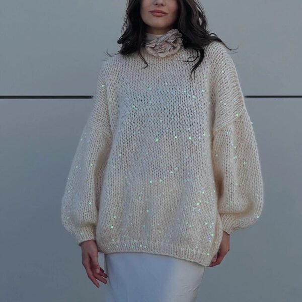 Fashionable Sequined Knitted Sweater with Lantern Sleeves - Image 3