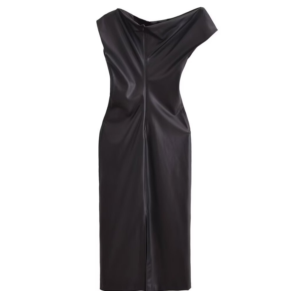 Asymmetric Faux Leather Pleated Dress - Image 5