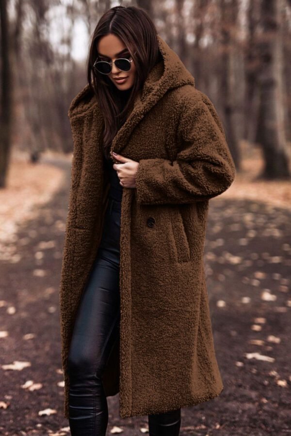 Long net color long sleeved woolen women's coat - Image 6