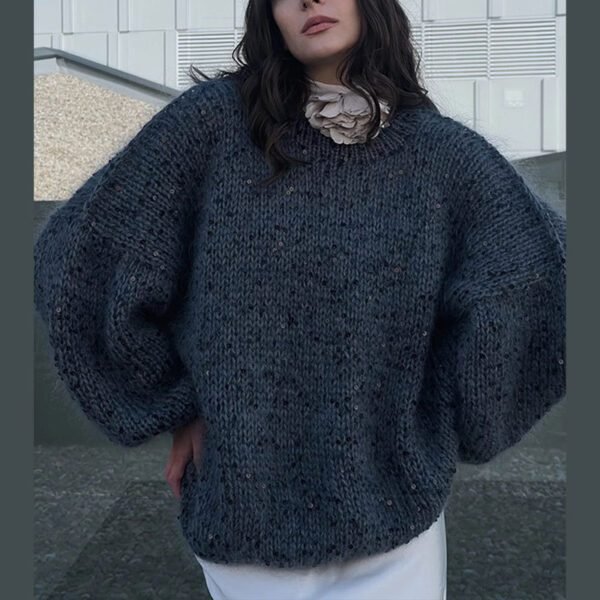Fashionable Sequined Knitted Sweater with Lantern Sleeves - Image 7