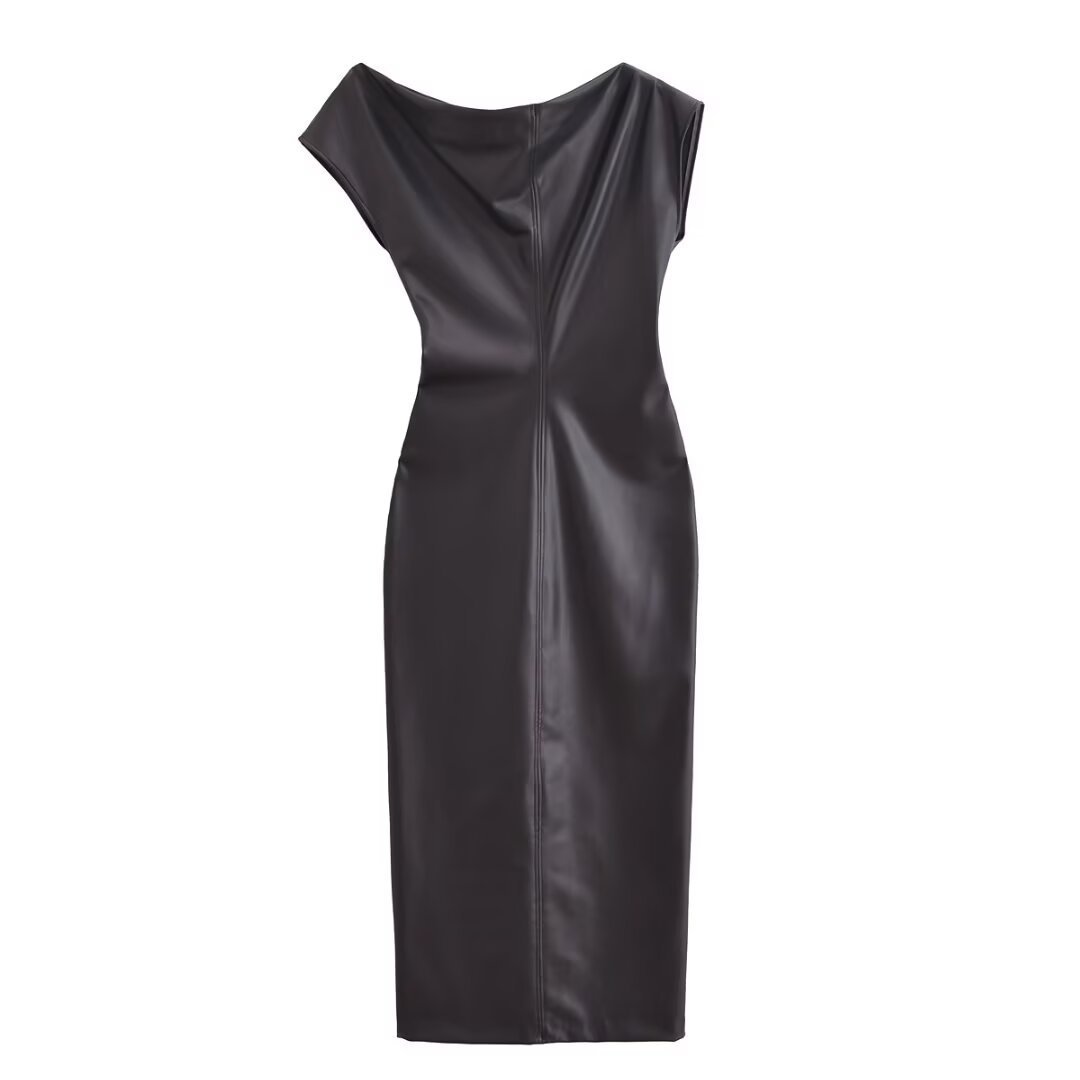 Asymmetric Faux Leather Pleated Dress - Image 6