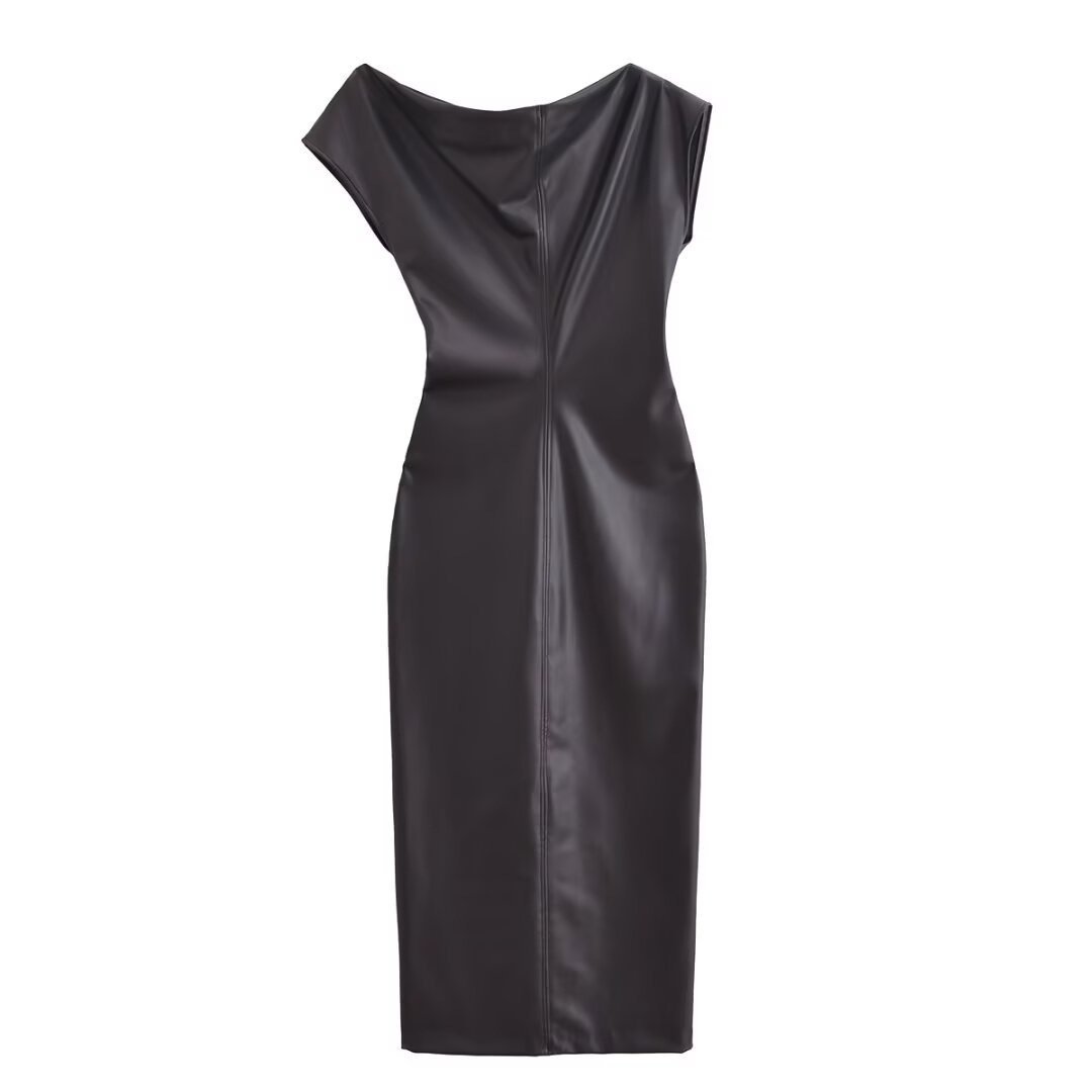 Asymmetric Faux Leather Pleated Dress - Image 2