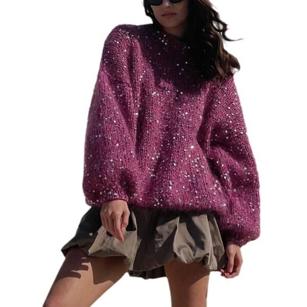 Fashionable Sequined Knitted Sweater with Lantern Sleeves - Image 5