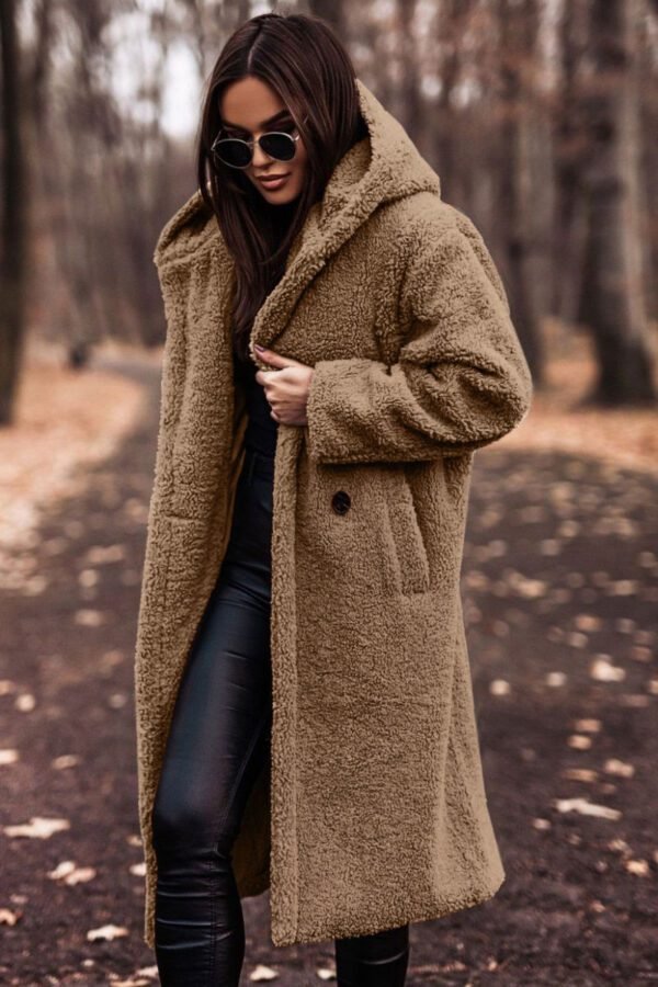 Long net color long sleeved woolen women's coat - Image 9