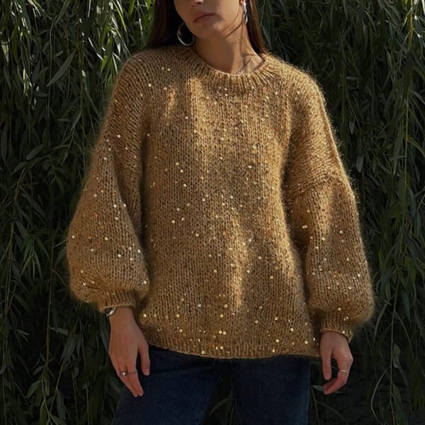 Fashionable Sequined Knitted Sweater with Lantern Sleeves - Image 6
