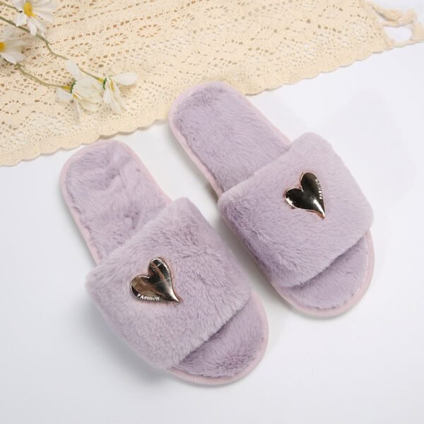 Women’s Heart-Shaped Fluffy Flat Slippers, Rabbit Fur Cotton Design - Image 2