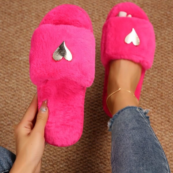 Women’s Heart-Shaped Fluffy Flat Slippers, Rabbit Fur Cotton Design