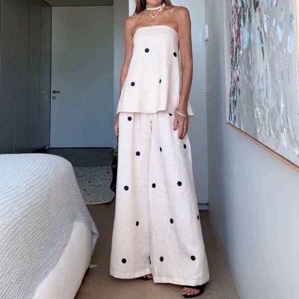 Elegant Polka Dot Two-Piece Set, Top and Loose Pants
