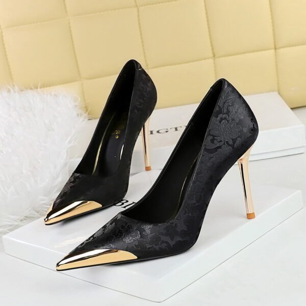 Chinese Style Silk High Heels, Metal Pointed Satin Shoes - Image 2