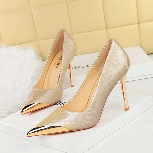 Chinese Style Silk High Heels, Metal Pointed Satin Shoes - Image 3