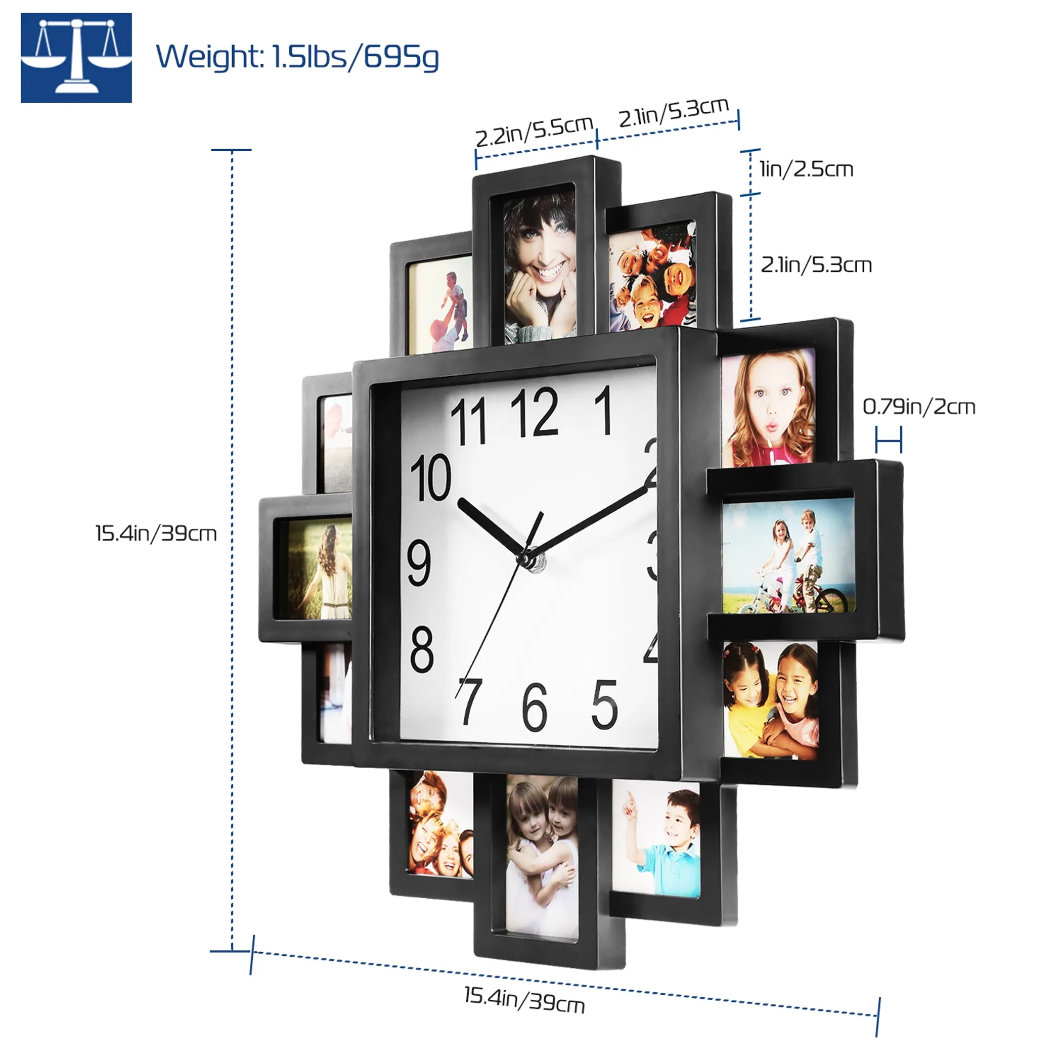 Photo Frame Clock 12 Picture Collage Wall Decor - Image 5
