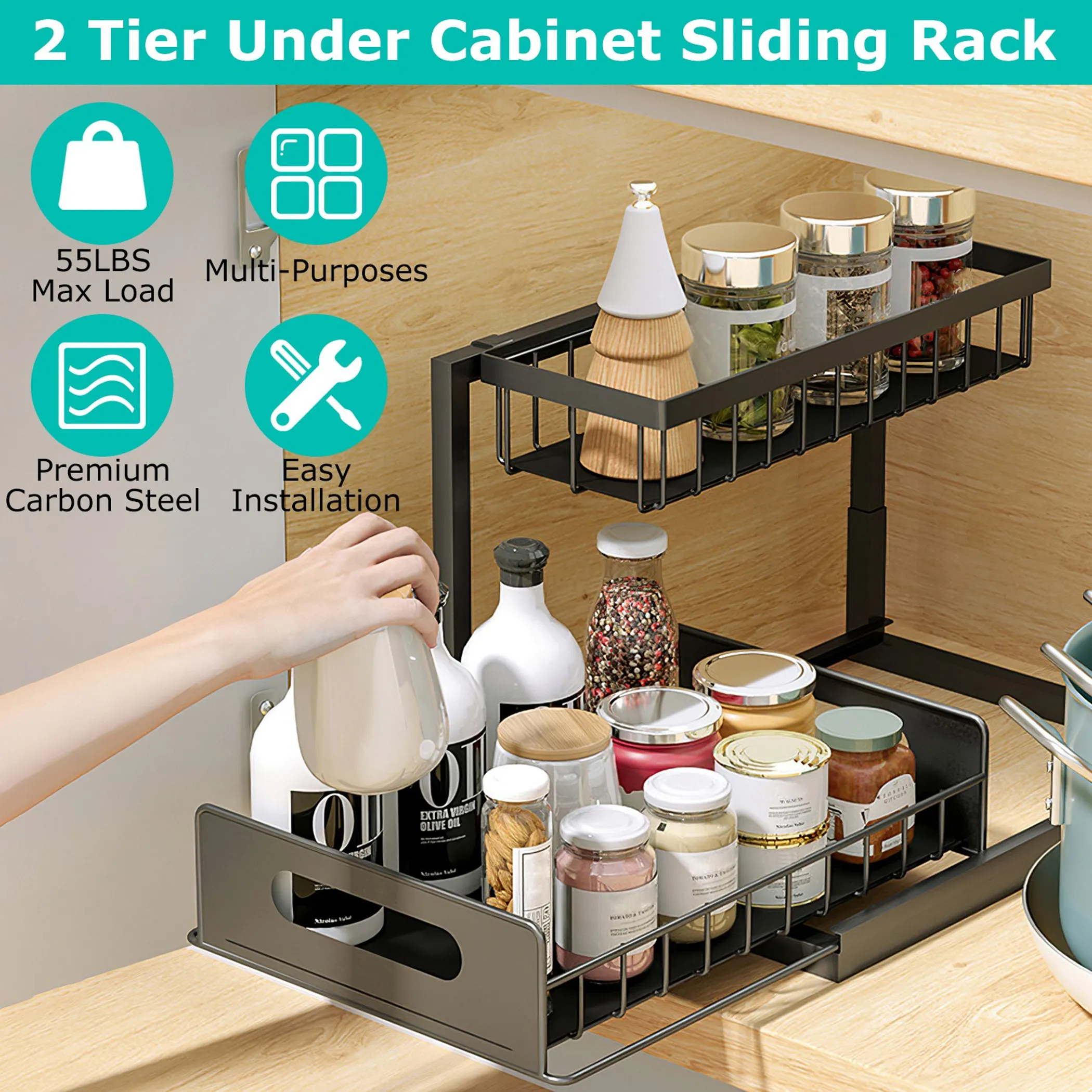 2 Tier Under Sink Organizers Pull Out Under Cabinet Basket - Image 3