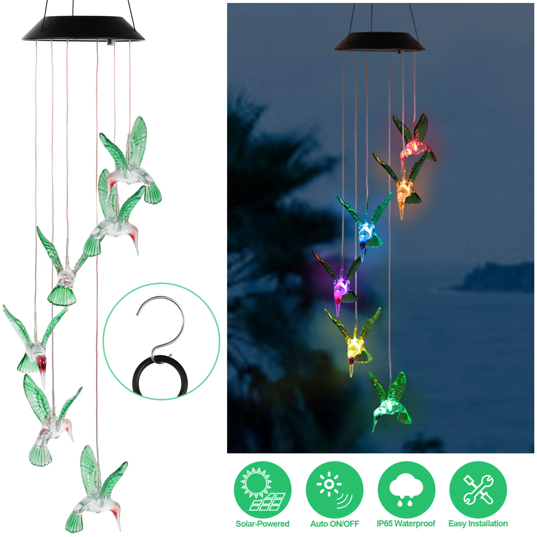 LED Solar Hummingbird Wind Chime Solar String Lights - Image 3