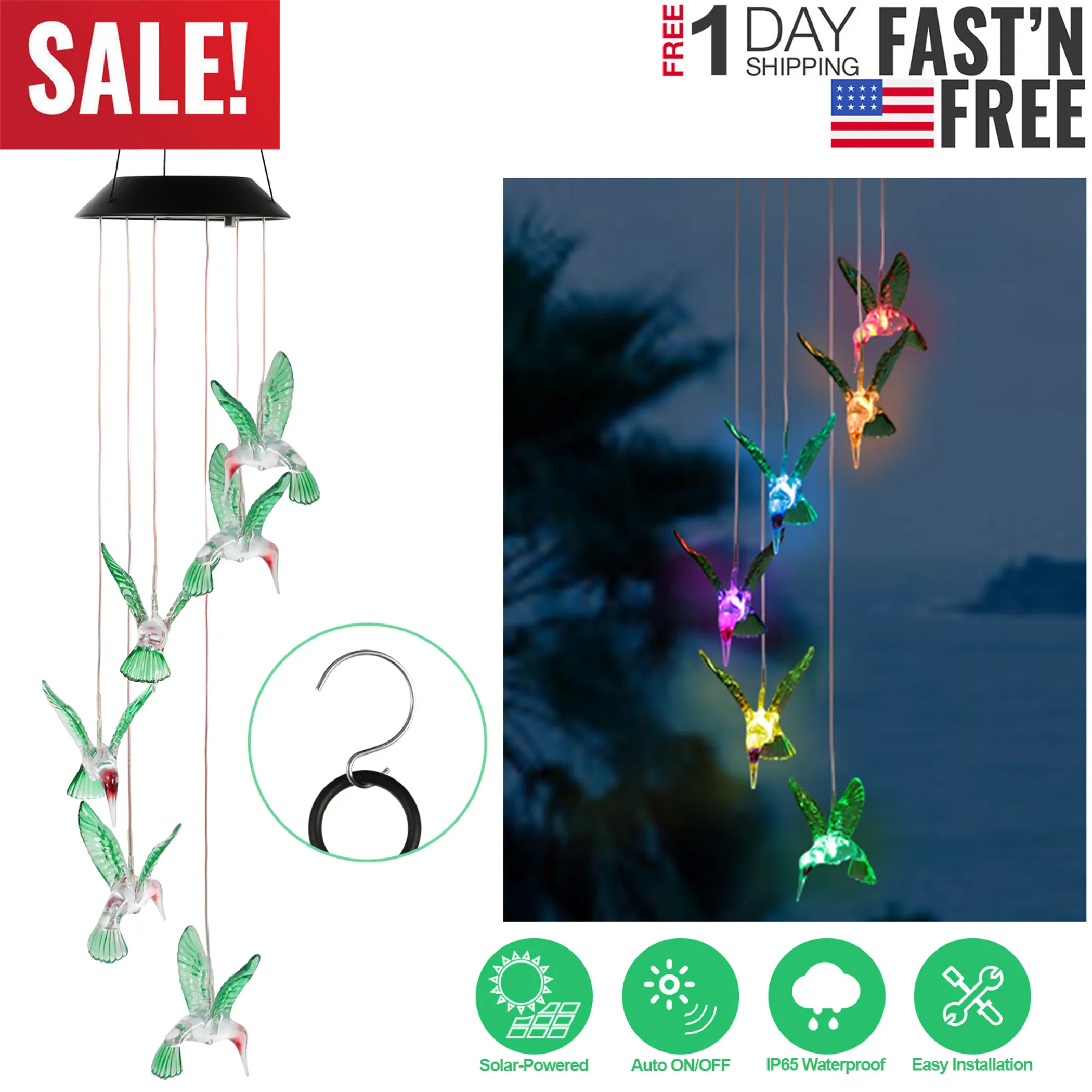 LED Solar Hummingbird Wind Chime Solar String Lights - Image 4